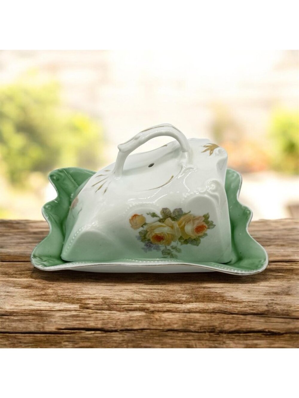 Vintage Porcelain Butter Dish With Lid Floral Rose Design Green & White With Gol